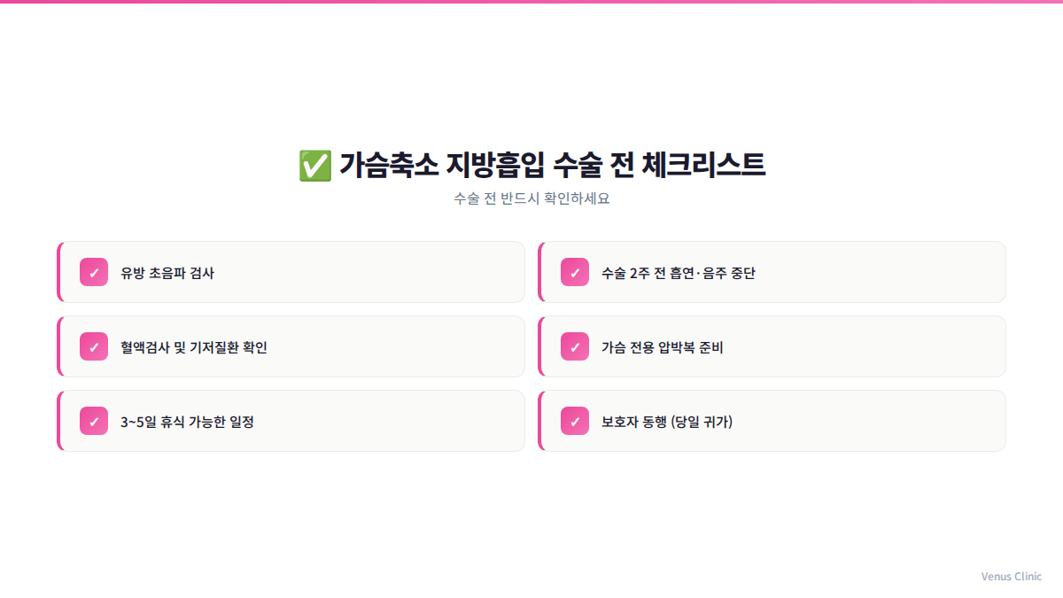 가슴축소수술 전 체크리스트 인포그래픽 — 준비사항 확인