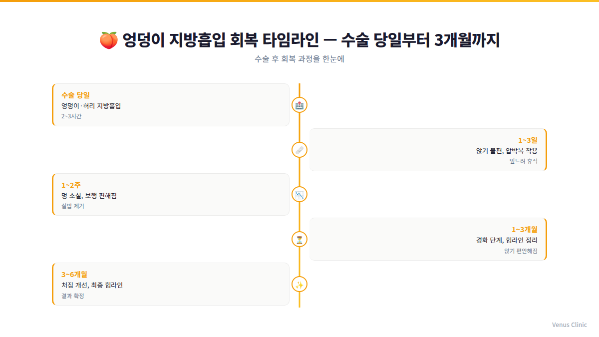 엉덩이 지방흡입 회복 타임라인 인포그래픽 — 수술 당일부터 3개월까지 단계별 변화