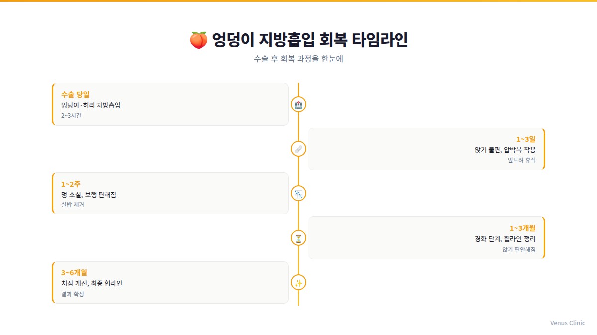 엉덩이 지방흡입 회복 타임라인 인포그래픽 — 수술 당일부터 3~6개월까지 단계별 회복 과정
