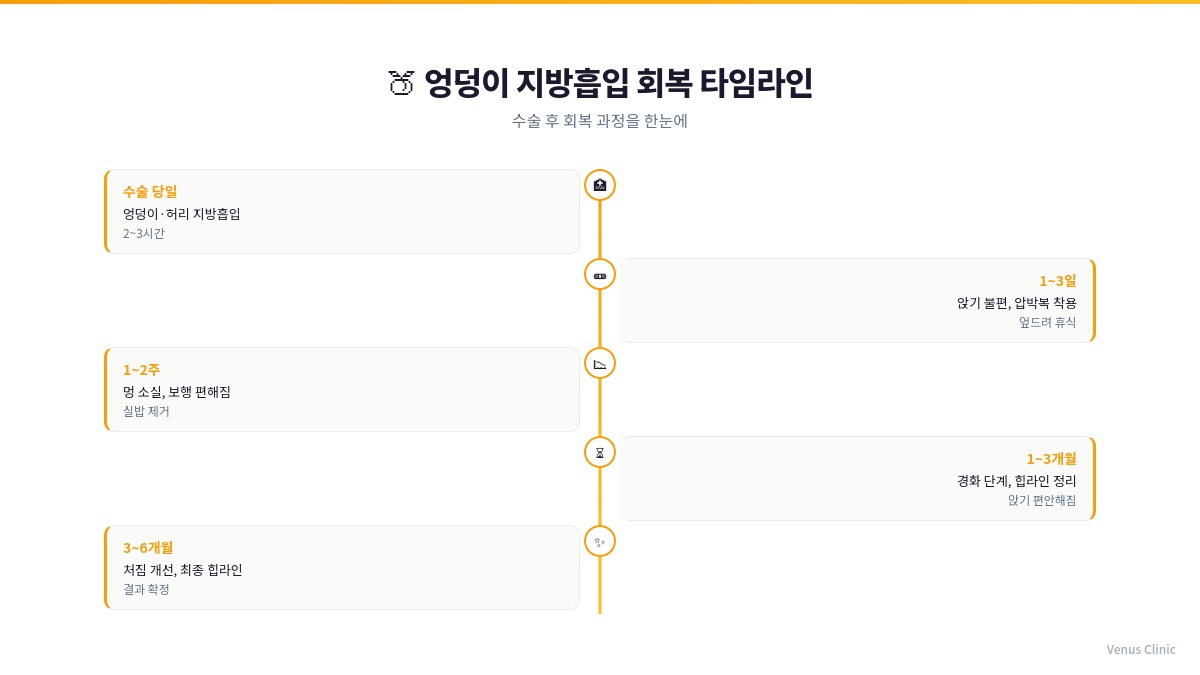 엉덩이 지방흡입 회복 타임라인 인포그래픽 — 수술 당일부터 6개월까지 단계별 안내