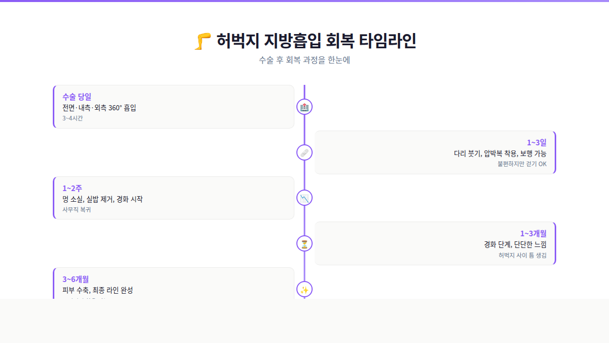 허벅지 지방흡입 회복 타임라인 인포그래픽 — 수술 당일부터 6개월까지