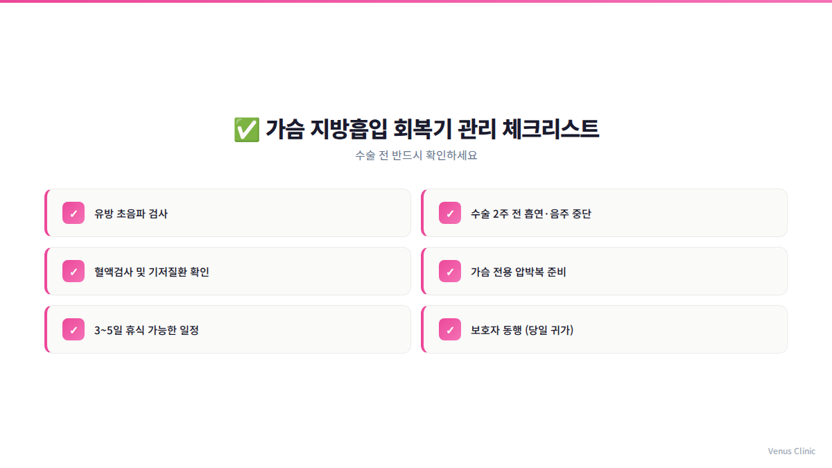 가슴 지방흡입 회복기 관리 체크리스트 인포그래픽 — 비너스의원