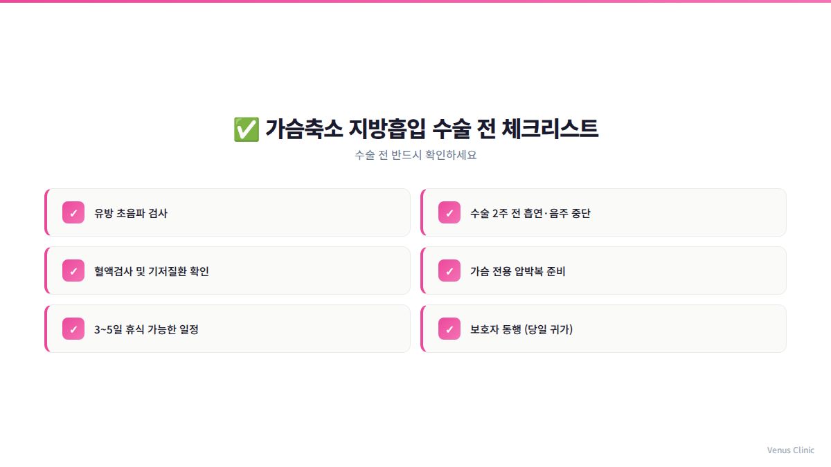 가슴축소 지방흡입 수술 전 체크리스트 인포그래픽 — 수술 전 준비사항과 확인 항목