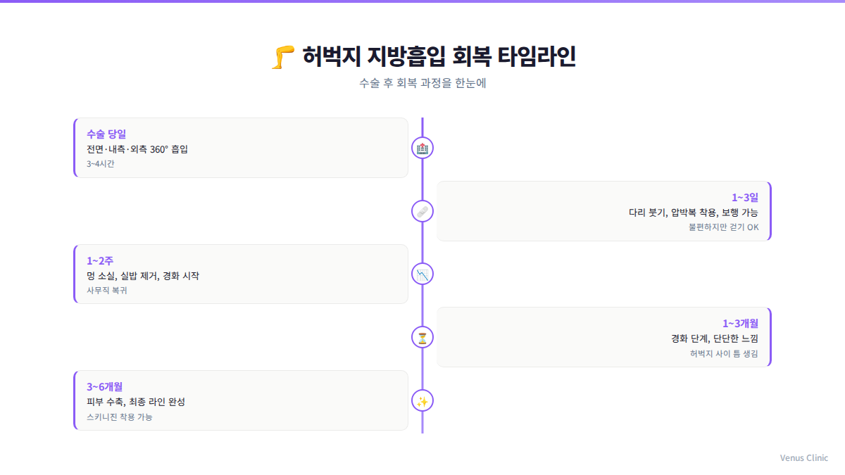 허벅지 지방흡입 회복 타임라인 — 수술 당일부터 6개월까지 단계별 변화