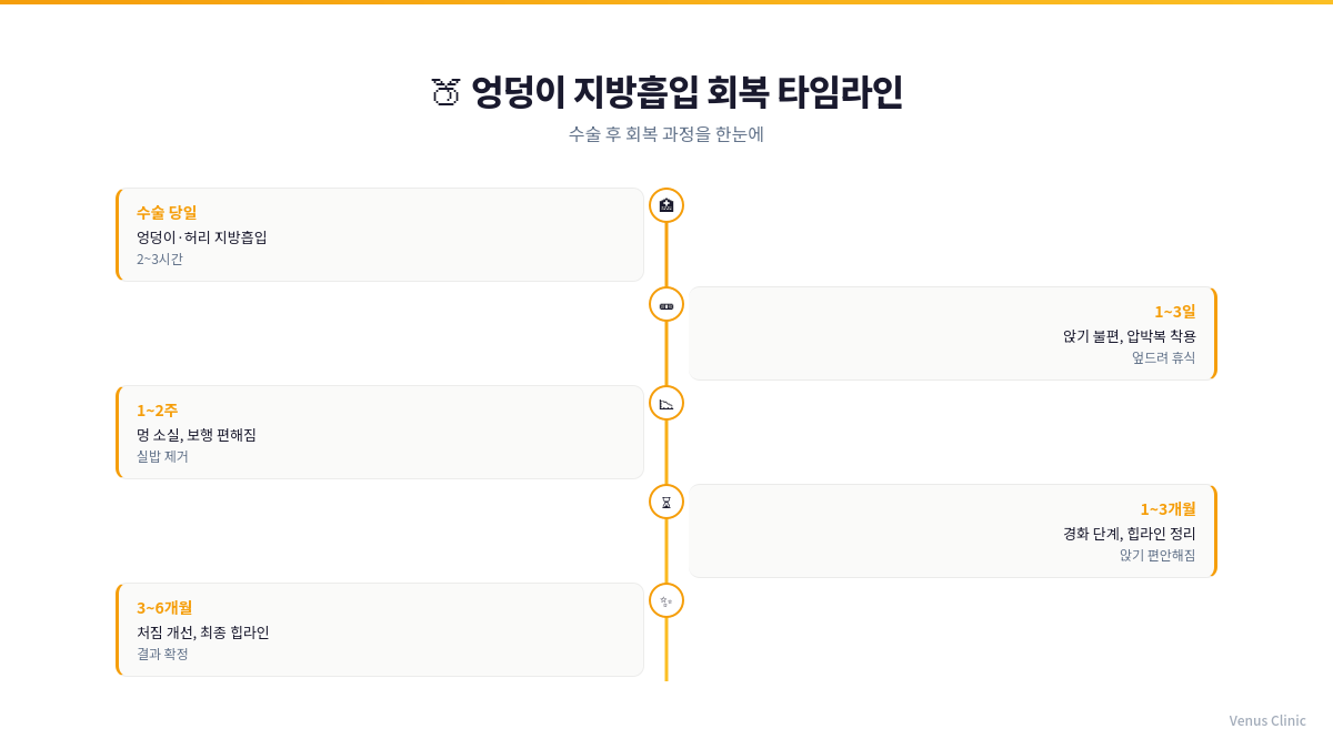 엉덩이 지방흡입 회복 타임라인 — 수술 당일부터 6개월까지