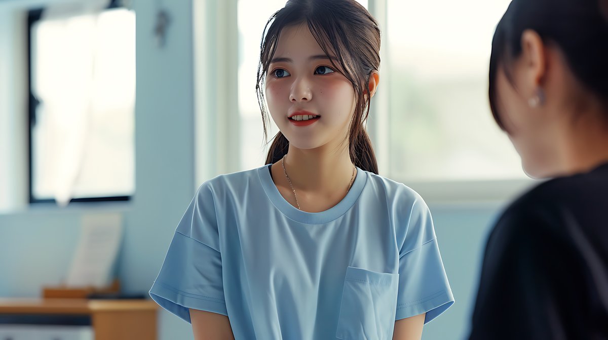 엉덩이축소 수술 후 일상복귀를 고민하며 실내에 서 있는 젊은 여성