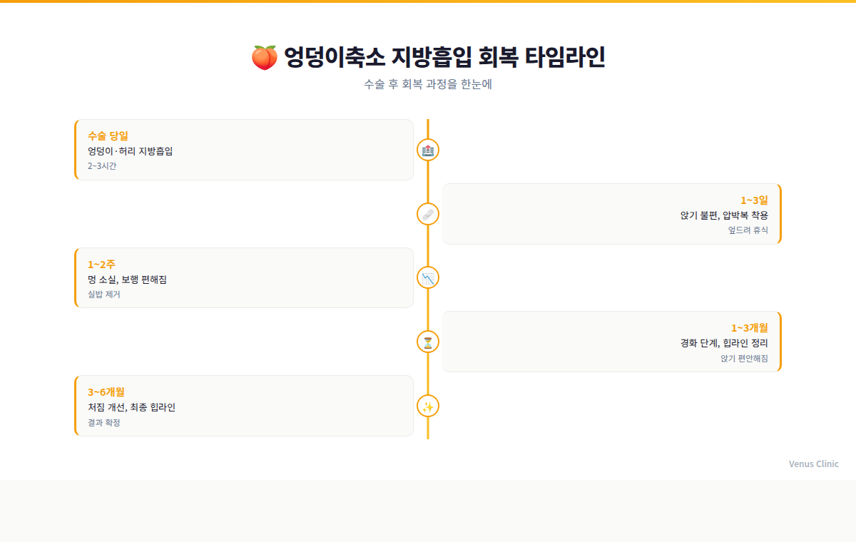 엉덩이축소 지방흡입 회복 타임라인 — 수술 당일부터 3~6개월까지 단계별 회복 과정 인포그래픽