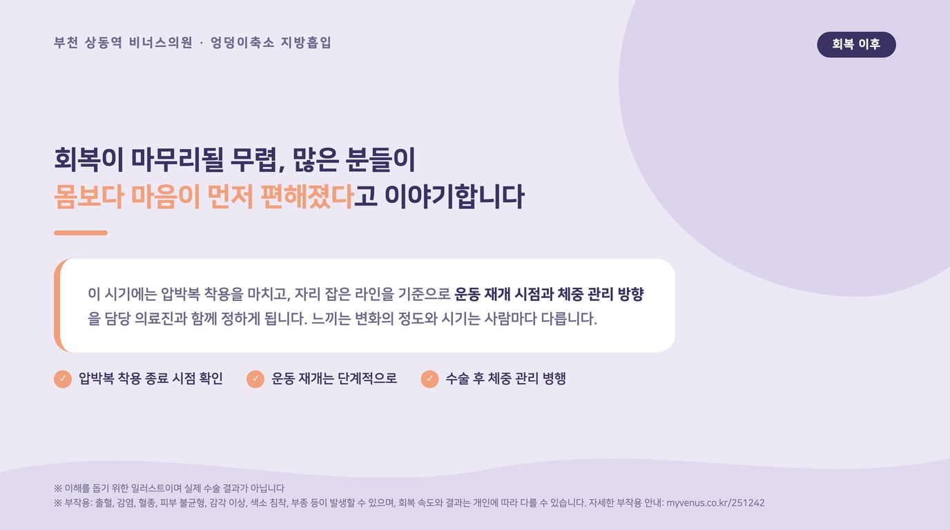 엉덩이축소 지방흡입 후 회복 마무리와 생활 관리를 설명하는 인포그래픽