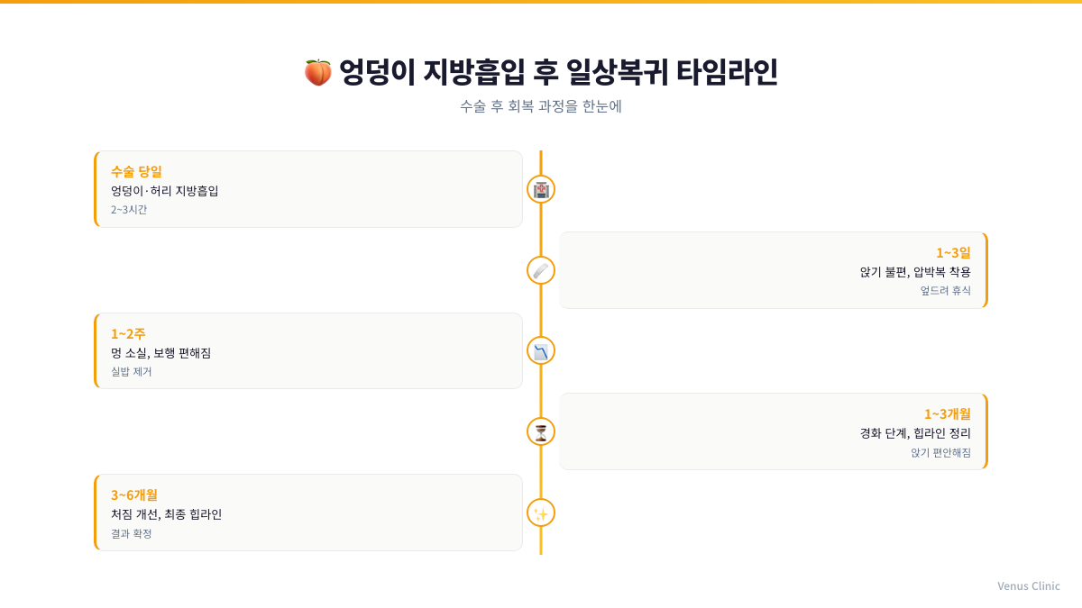 엉덩이축소 지방흡입 후 수술 당일부터 3~6개월까지 일상 복귀 타임라인 인포그래픽