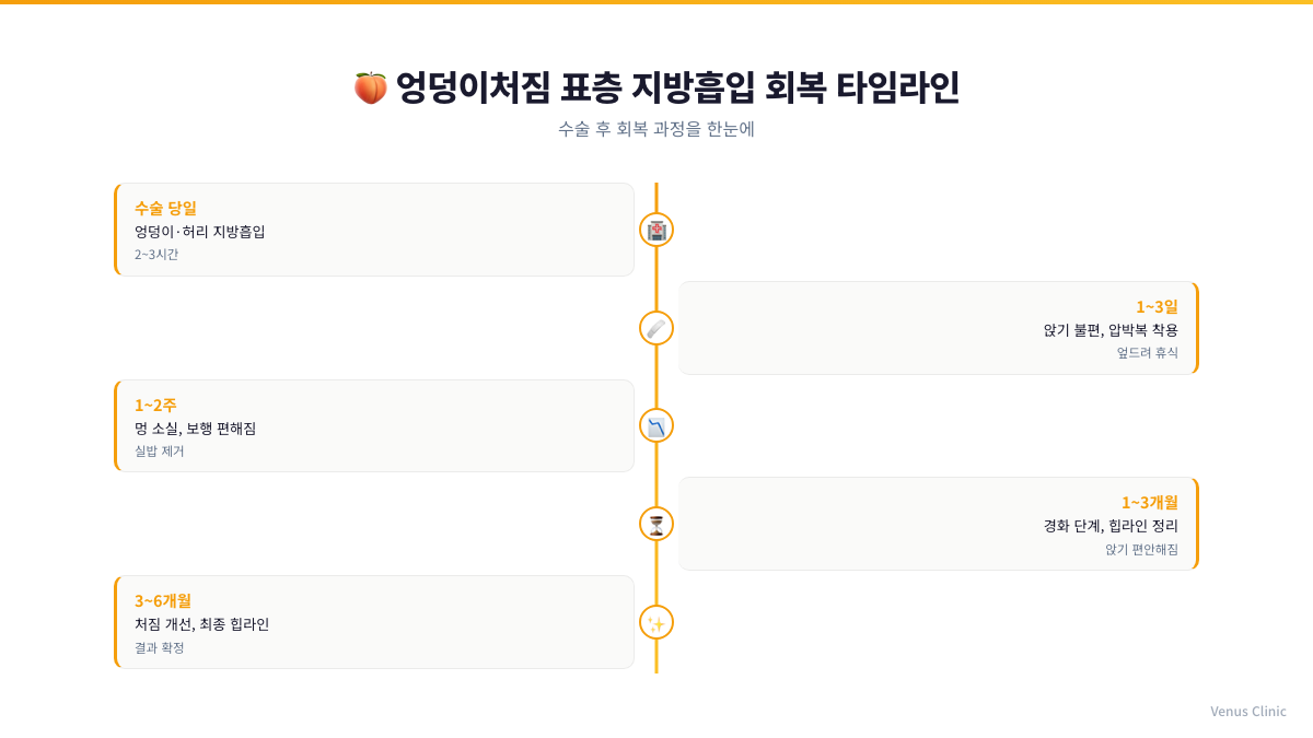 엉덩이처짐 표층 지방흡입 회복 타임라인 인포그래픽