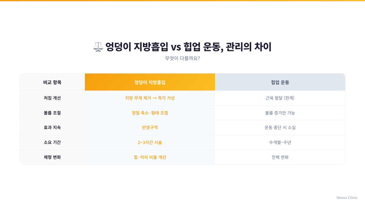 엉덩이 지방흡입과 힙업 운동의 차이를 비교한 인포그래픽