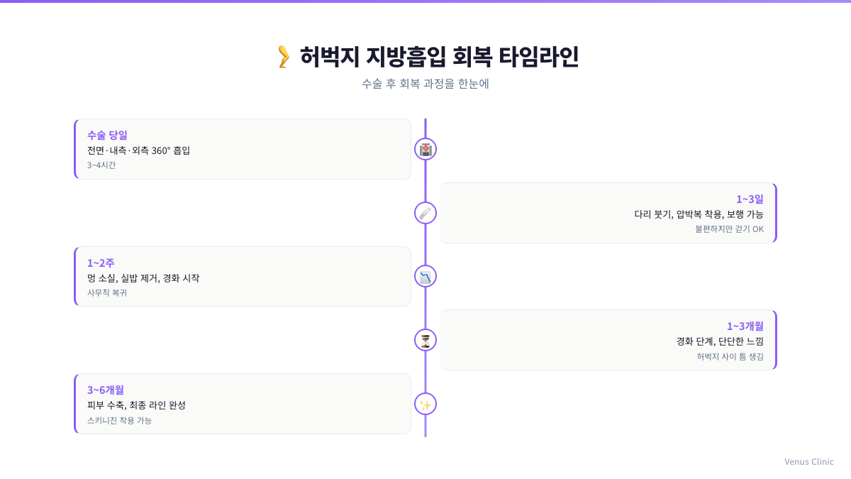 허벅지 지방흡입 회복 타임라인 인포그래픽 — 수술 당일부터 6개월까지 단계별 변화