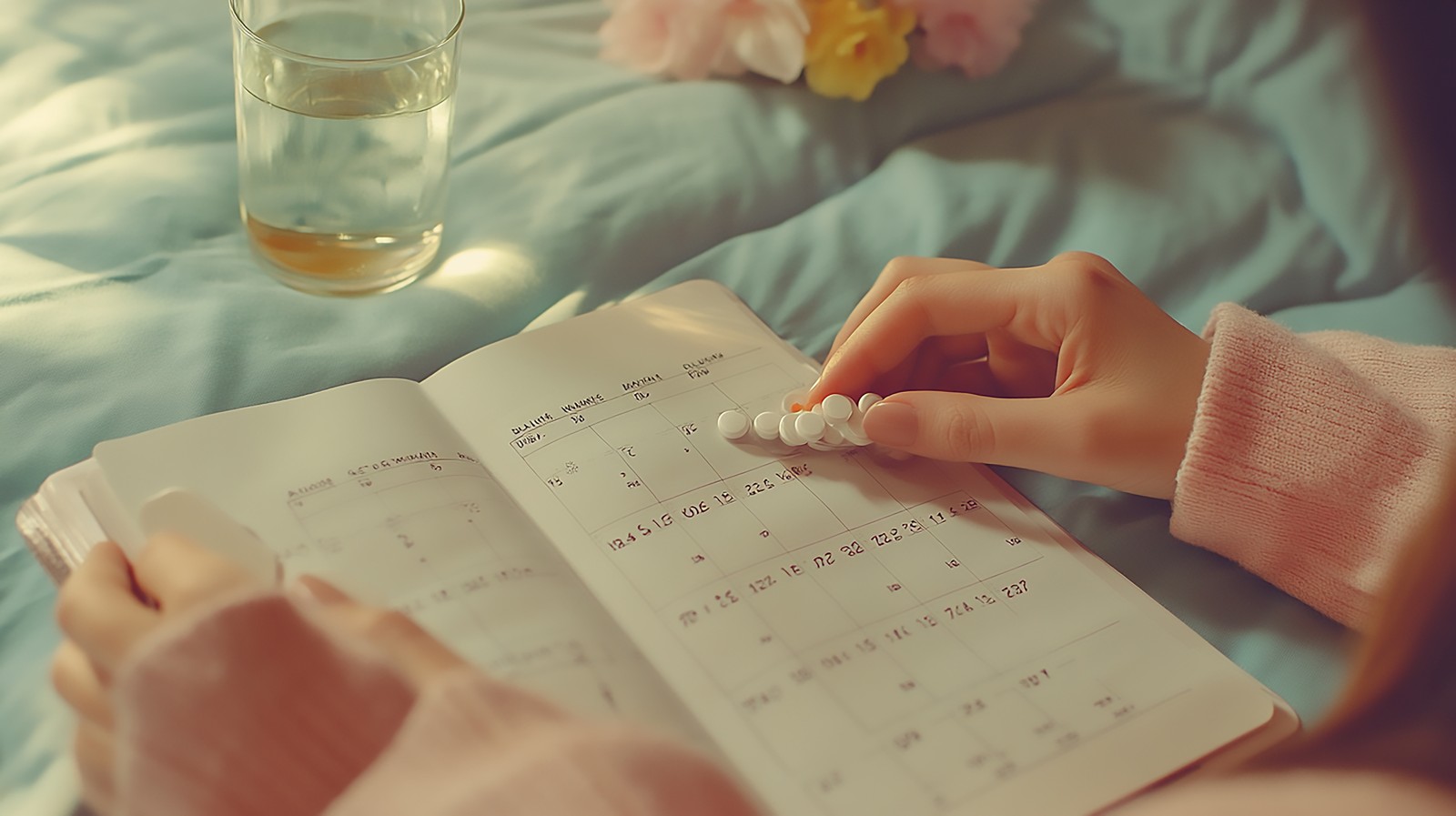 침대 곁에서 복약 일정과 회복 루틴을 기록하는 모습의 스톡 이미지
