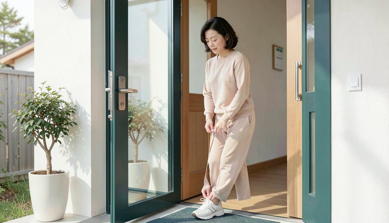 복부 지방흡입 후 일상 복귀를 준비하며 신발을 신는 여성 일러스트