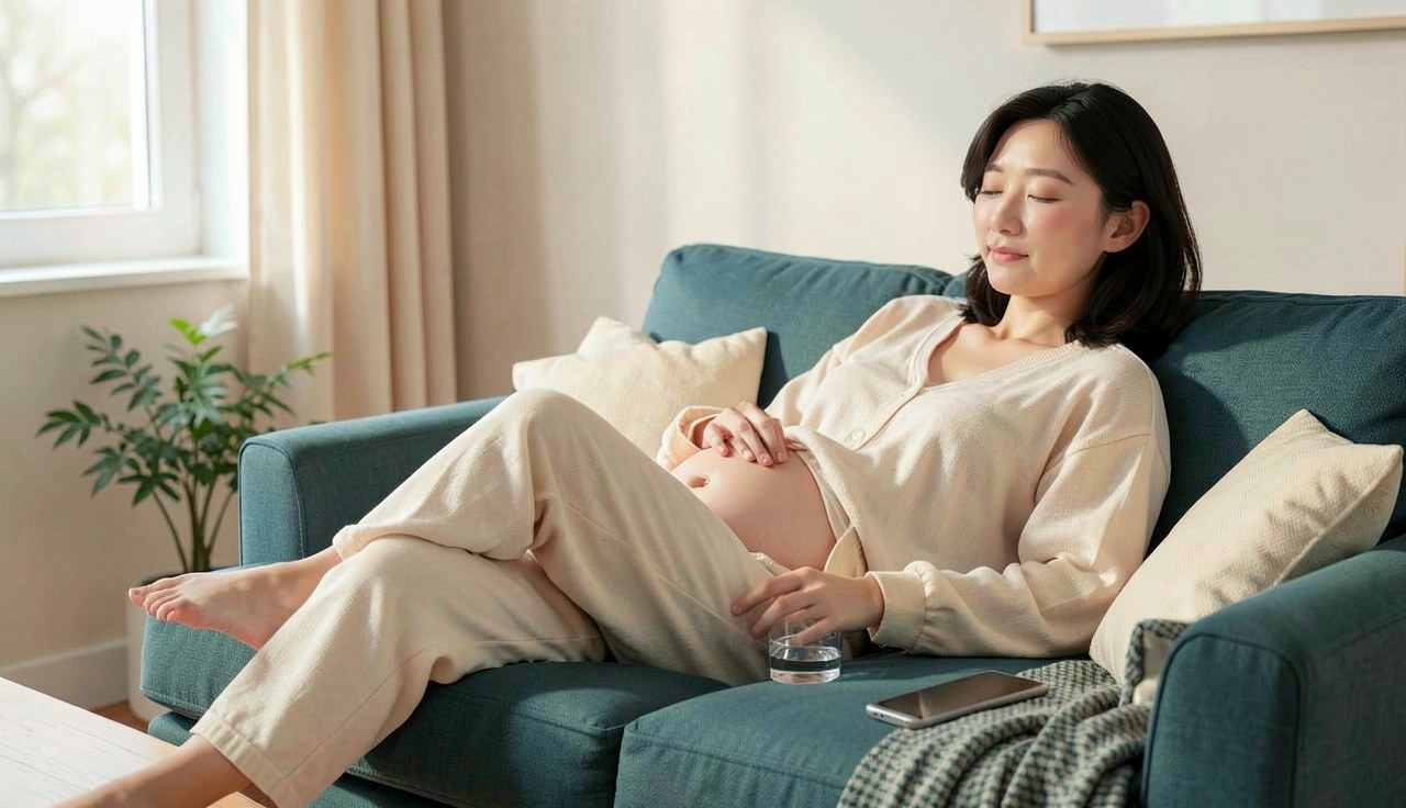 복부 지방흡입 후 편안한 옷을 입고 집에서 휴식하는 여성 일러스트