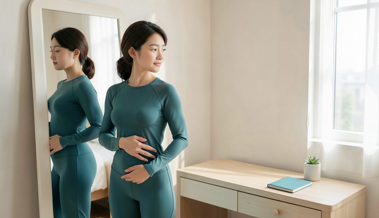 복부 지방흡입 후 거울을 보며 몸 상태를 점검하는 여성 일러스트