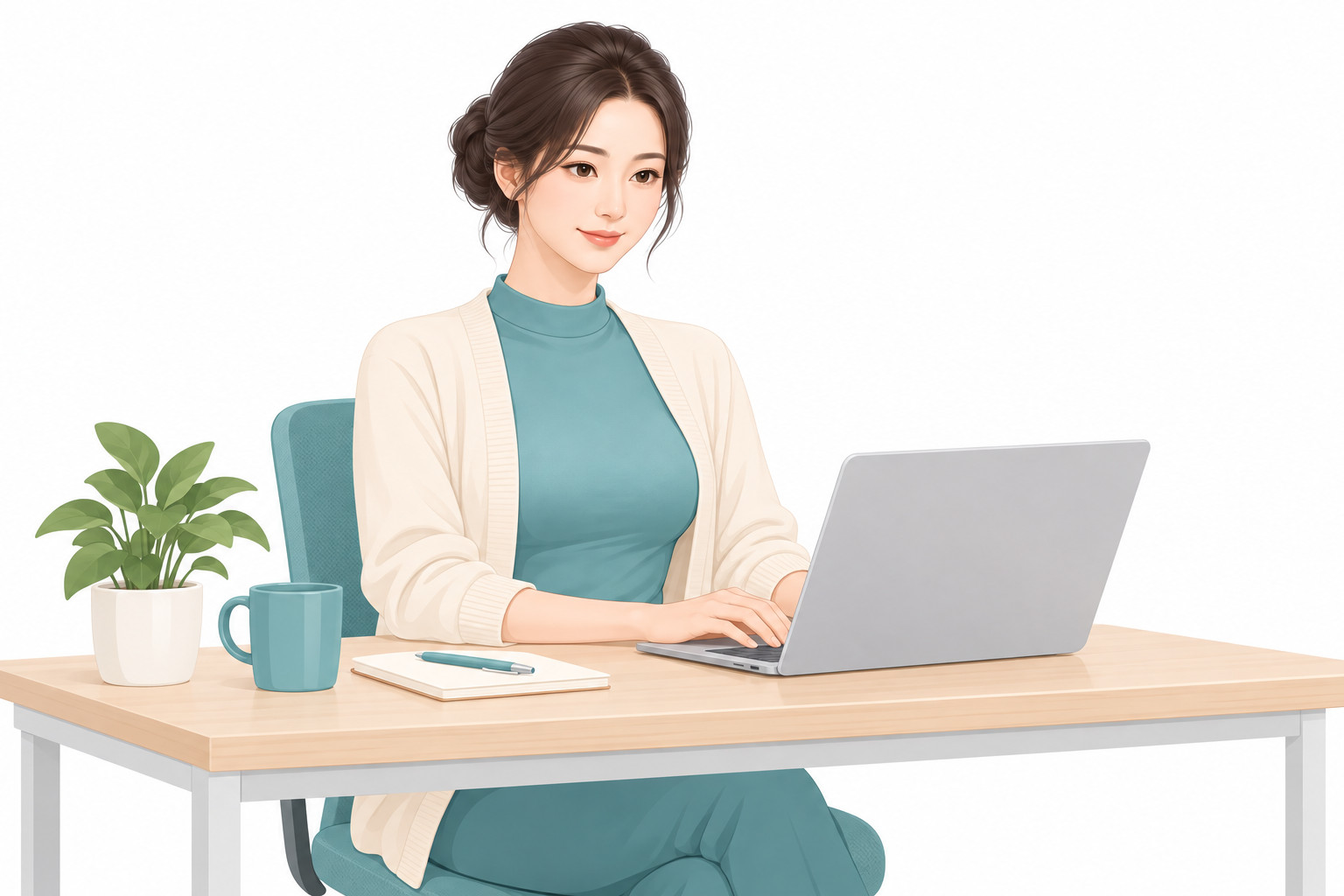 유방 지방흡입 후 사무직 일상으로 복귀한 여성 벡터 일러스트
