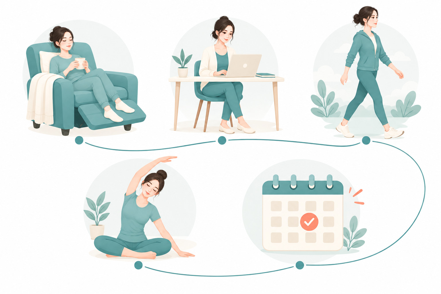 유방 지방흡입 후 휴식부터 일상복귀까지의 회복 흐름 벡터 일러스트