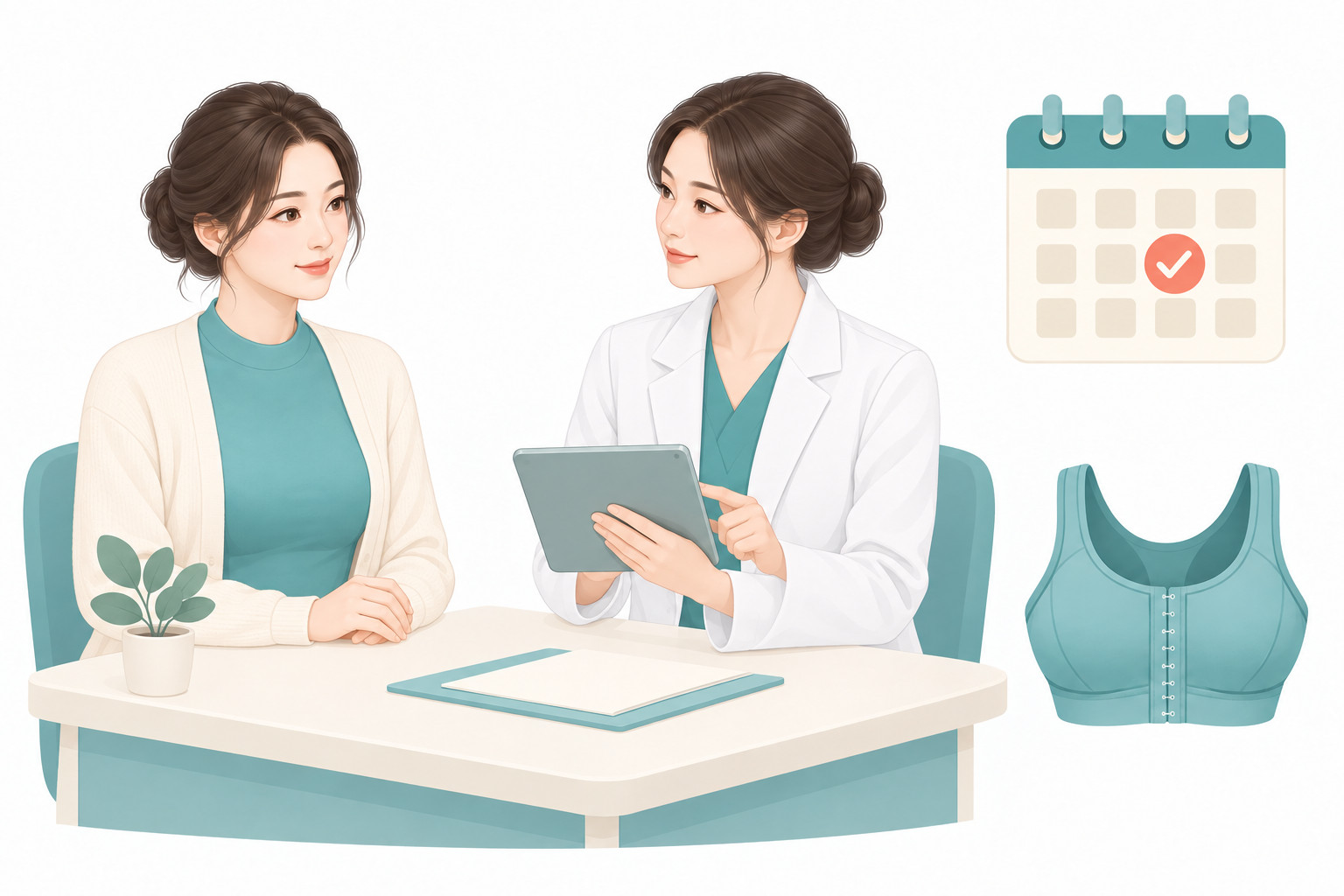 유방 지방흡입 후 정기 상담을 진행하는 의료진과 환자 벡터 일러스트