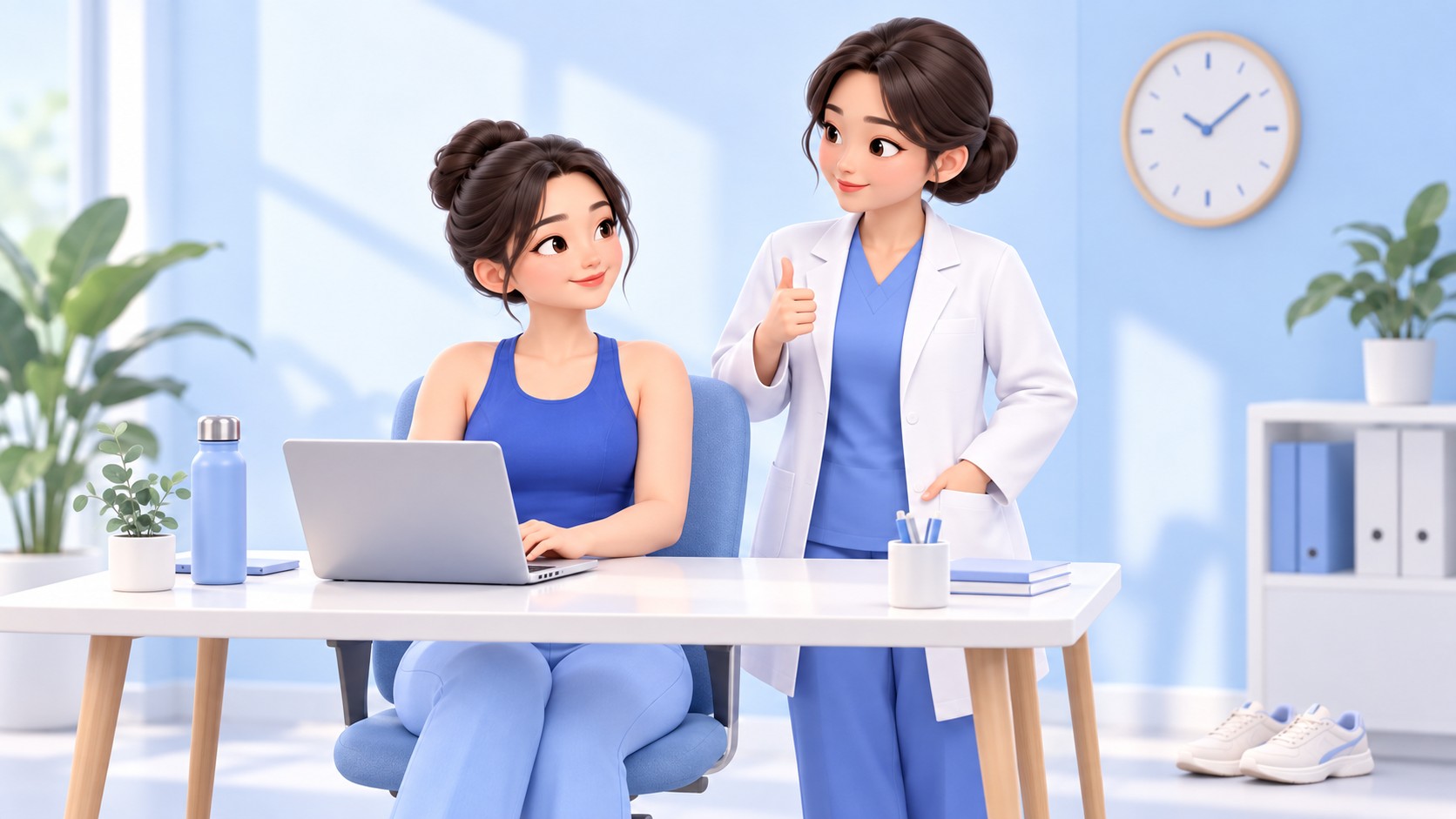 유방 지방흡입 후 사무실 책상에서 노트북으로 일하며 의료진과 이야기하는 여성, 3D 만화 일러스트