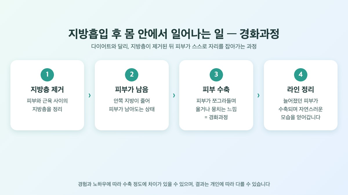 지방흡입 후 경화과정 4단계 인포그래픽, 지방층 제거에서 피부 수축과 라인 정리까지