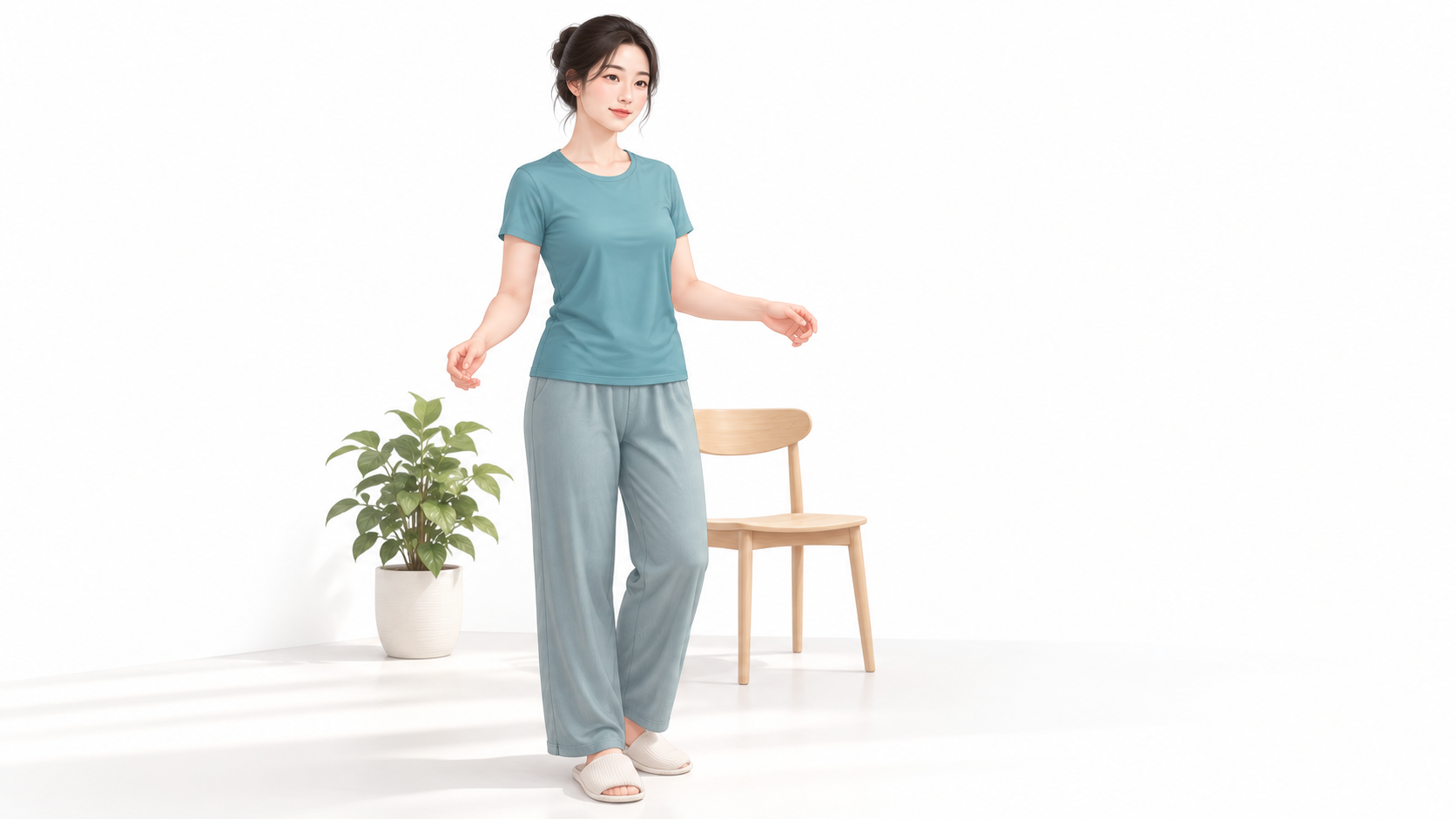 밝은 실내에서 청록 반소매 상의와 긴 바지를 입은 여성이 팔꿈치를 편안히 굽힌 채 팔을 천천히 가볍게 움직이는 모습의 채색 삽화