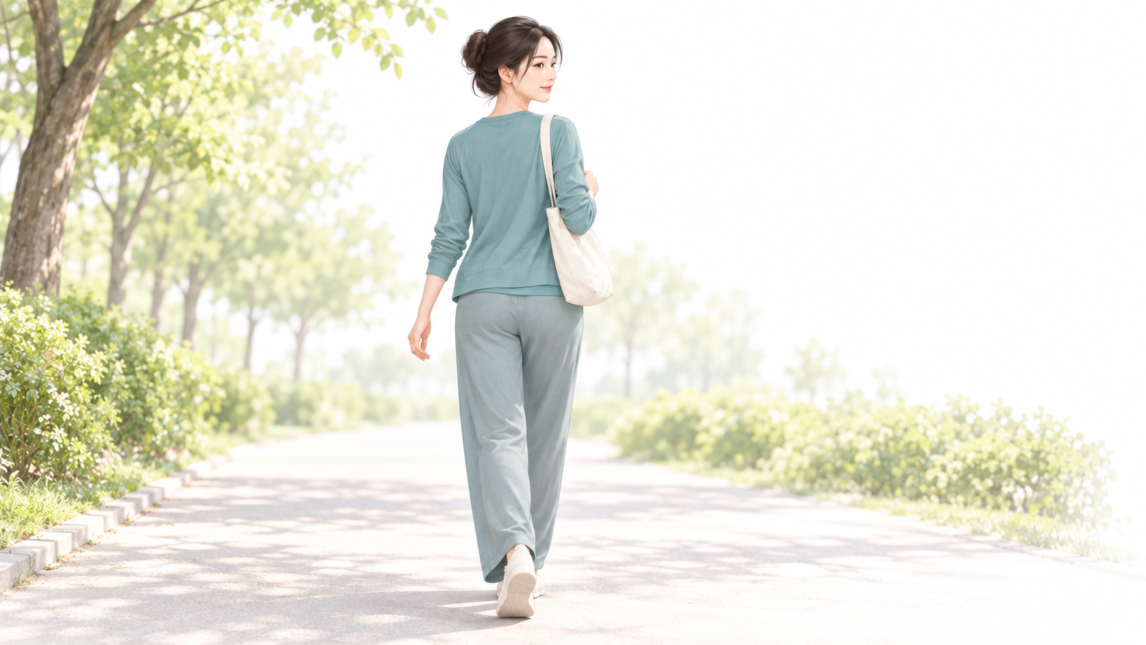평평한 공원 산책길을 청록 겉옷과 긴 바지 차림으로 천천히 걷는 여성의 뒷모습을 그린 채색 삽화