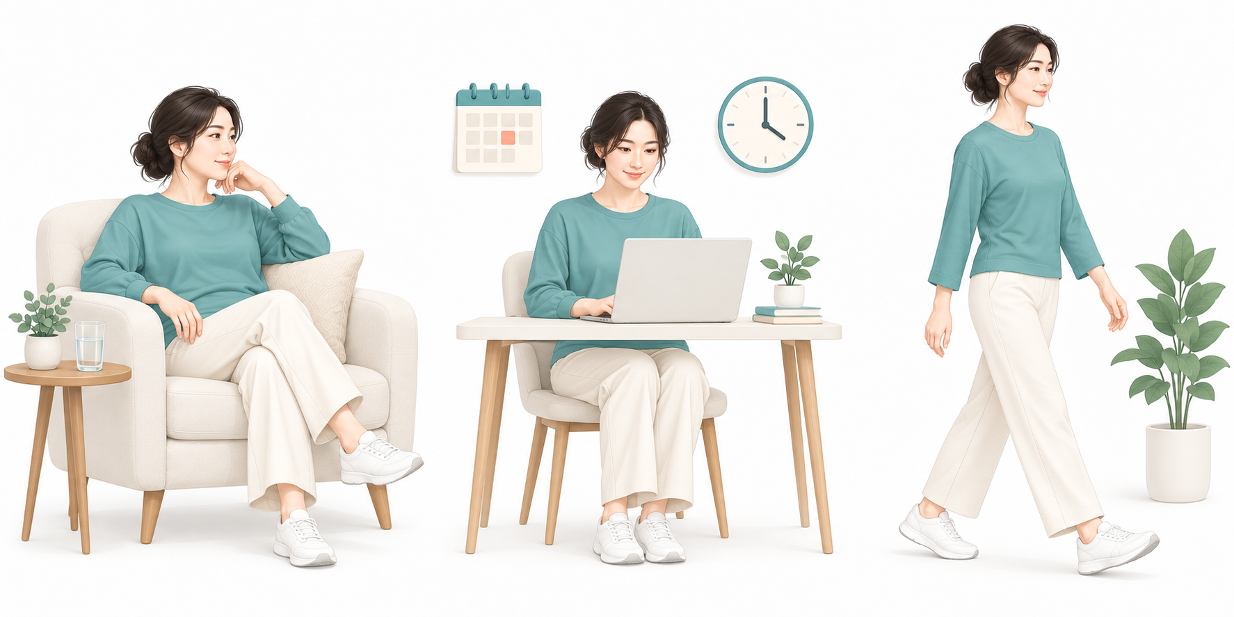 휴식과 사무 활동 및 가벼운 산책을 표현한 설명용 AI 삽화