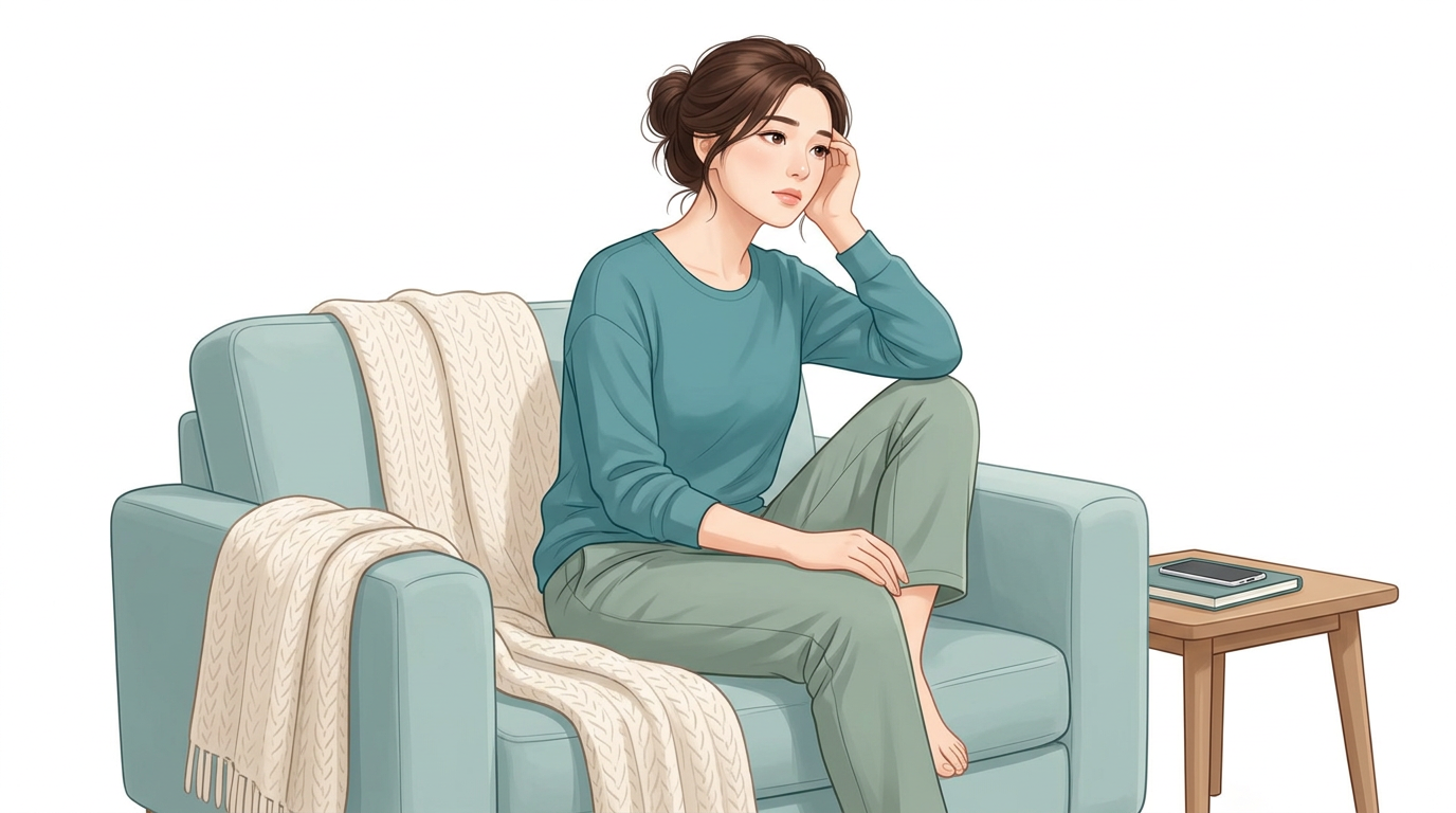 소파에서 쉬며 회복 중 궁금한 점을 생각하는 여성의 설명용 삽화