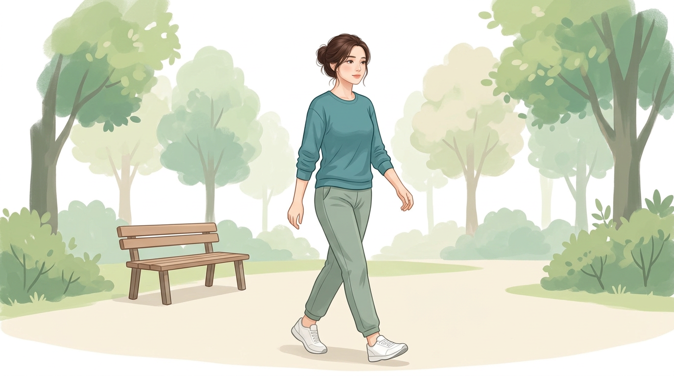 공원에서 편안한 걸음으로 산책하는 여성의 설명용 삽화