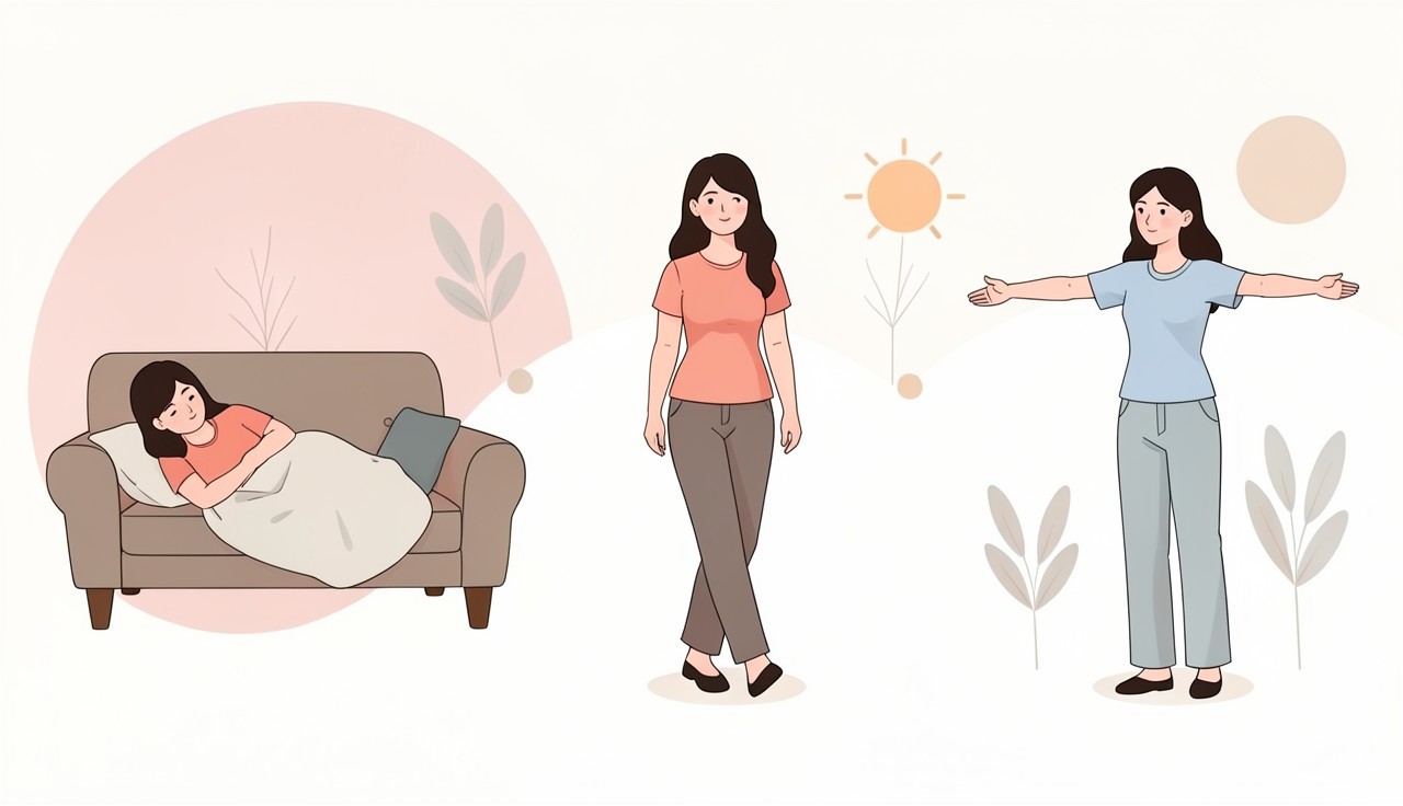 유방하수 지방흡입 수술 후 회복 흐름을 휴식·가벼운 활동·일상 복귀 순으로 표현한 일러스트