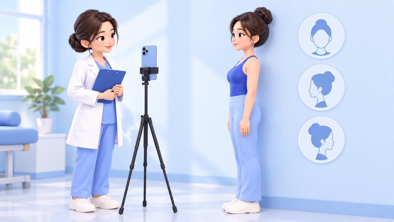 같은 자세로 좌측면·정면·우측면 기록을 준비하는 여성, 3D 만화 일러스트