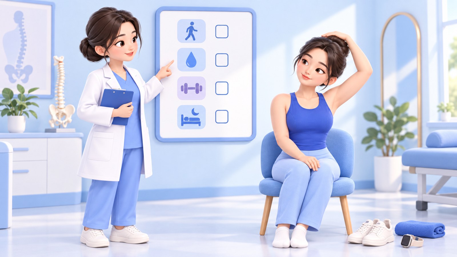 주간 체크리스트 보드를 가리키는 의사와 목을 가볍게 스트레칭하는 환자, 3D 만화 일러스트