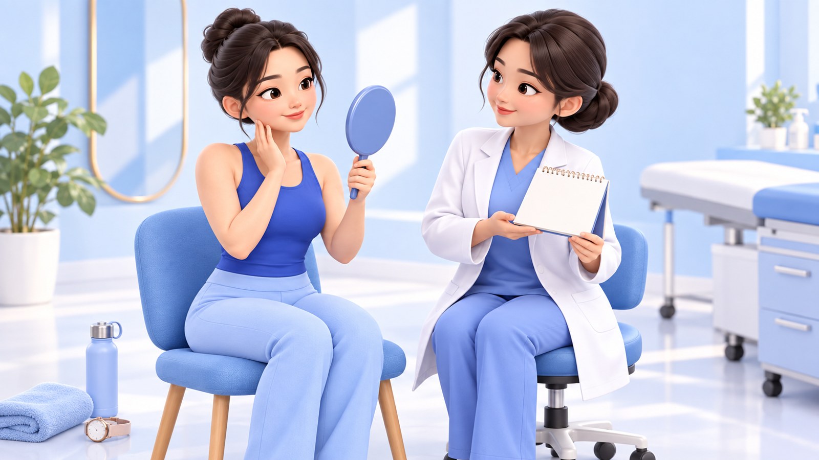 턱 라인을 손으로 만져 보며 거울을 보는 환자와 노트를 든 의사가 상담하는 3D 만화 일러스트