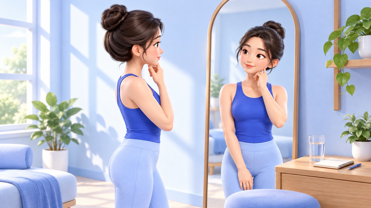 아침 거울 앞에서 얼굴과 목 상태를 기록하는 여성, 3D 만화 일러스트