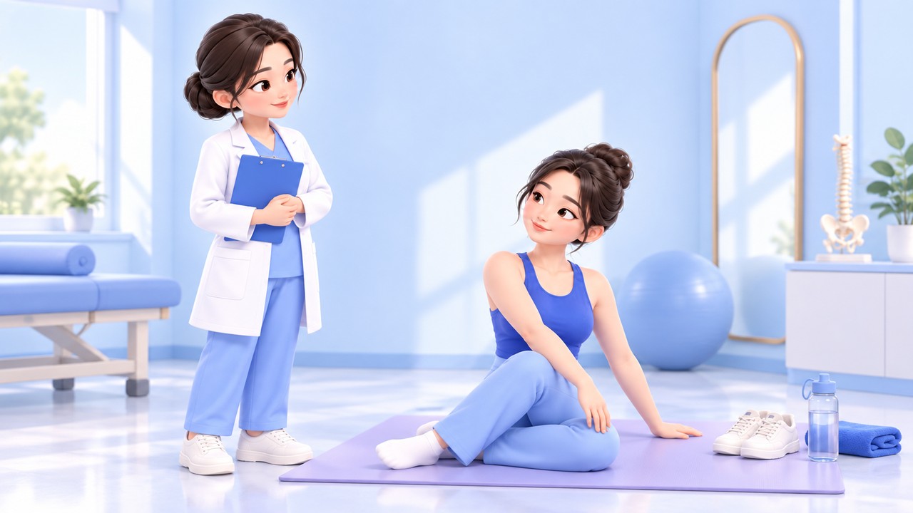 운동 재개 시점을 확인하며 가벼운 움직임을 준비하는 여성, 3D 만화 일러스트