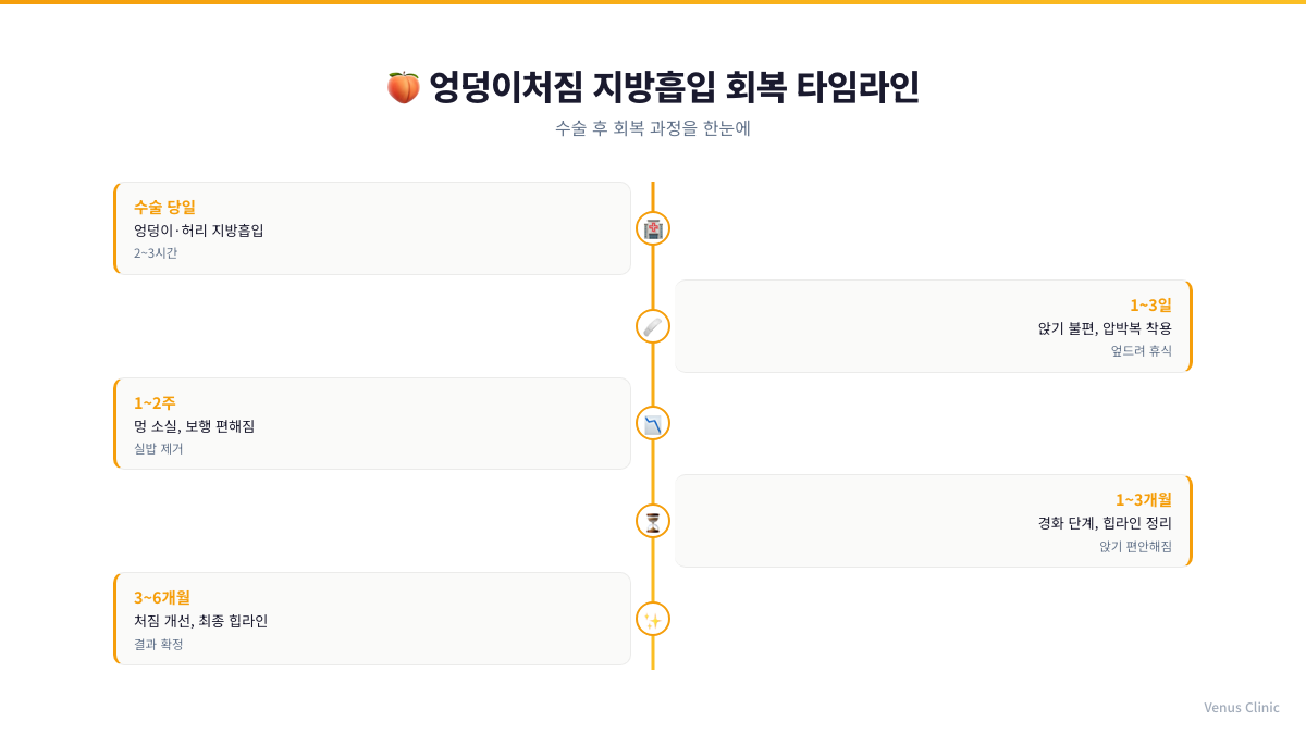 엉덩이 지방흡입 후 일상 회복 흐름 인포그래픽 — 수술 당일부터 3~6개월까지 단계별 안내