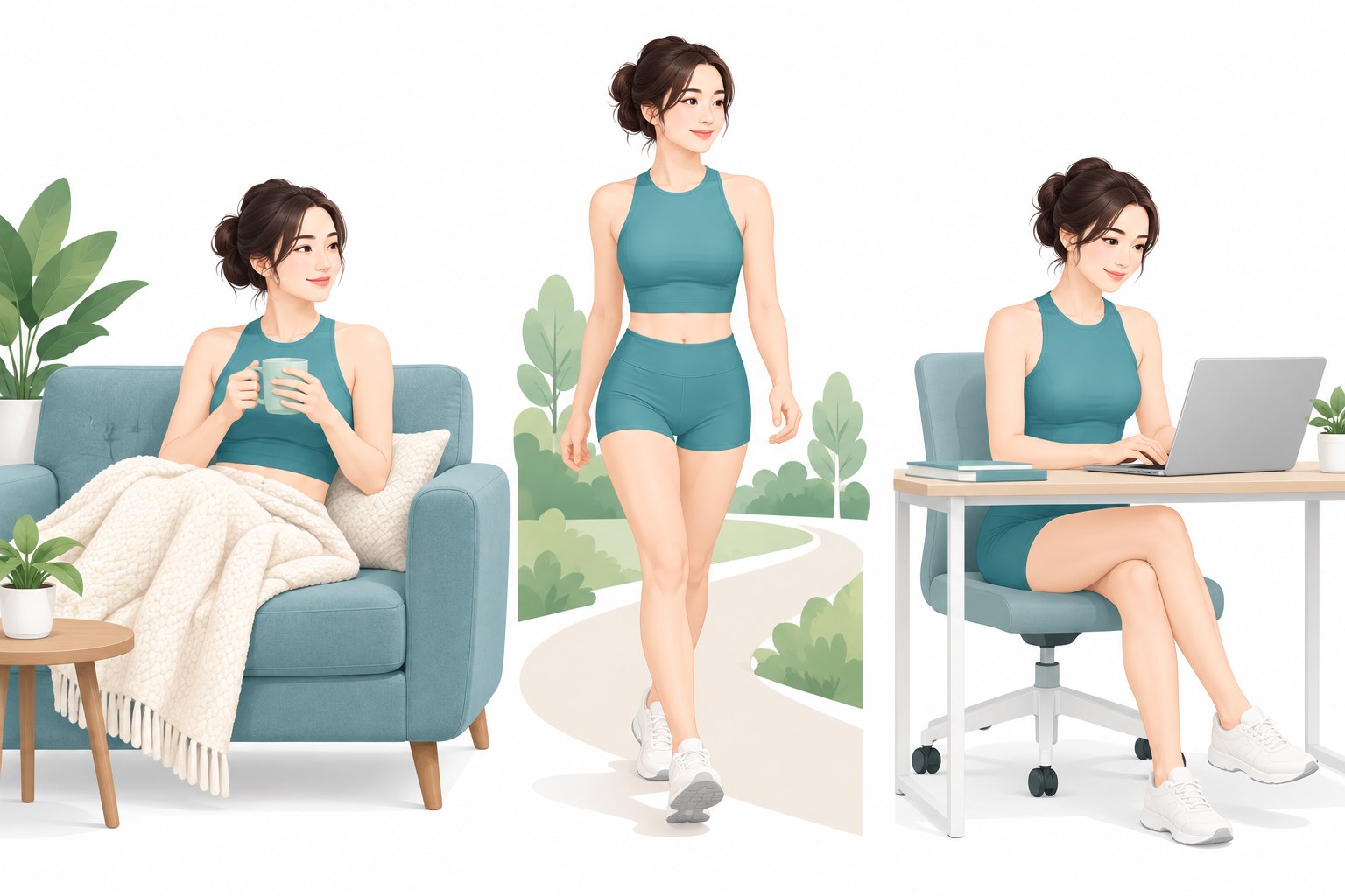청록색 운동복을 입은 여성이 소파에서 쉬고 산책하고 책상에서 일하는 세 가지 일상 장면 벡터 일러스트