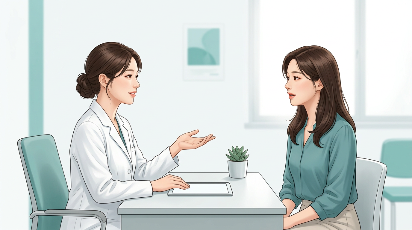 턱지방흡입 회복 초기의 궁금증을 의료진과 상담하는 설명용 일러스트