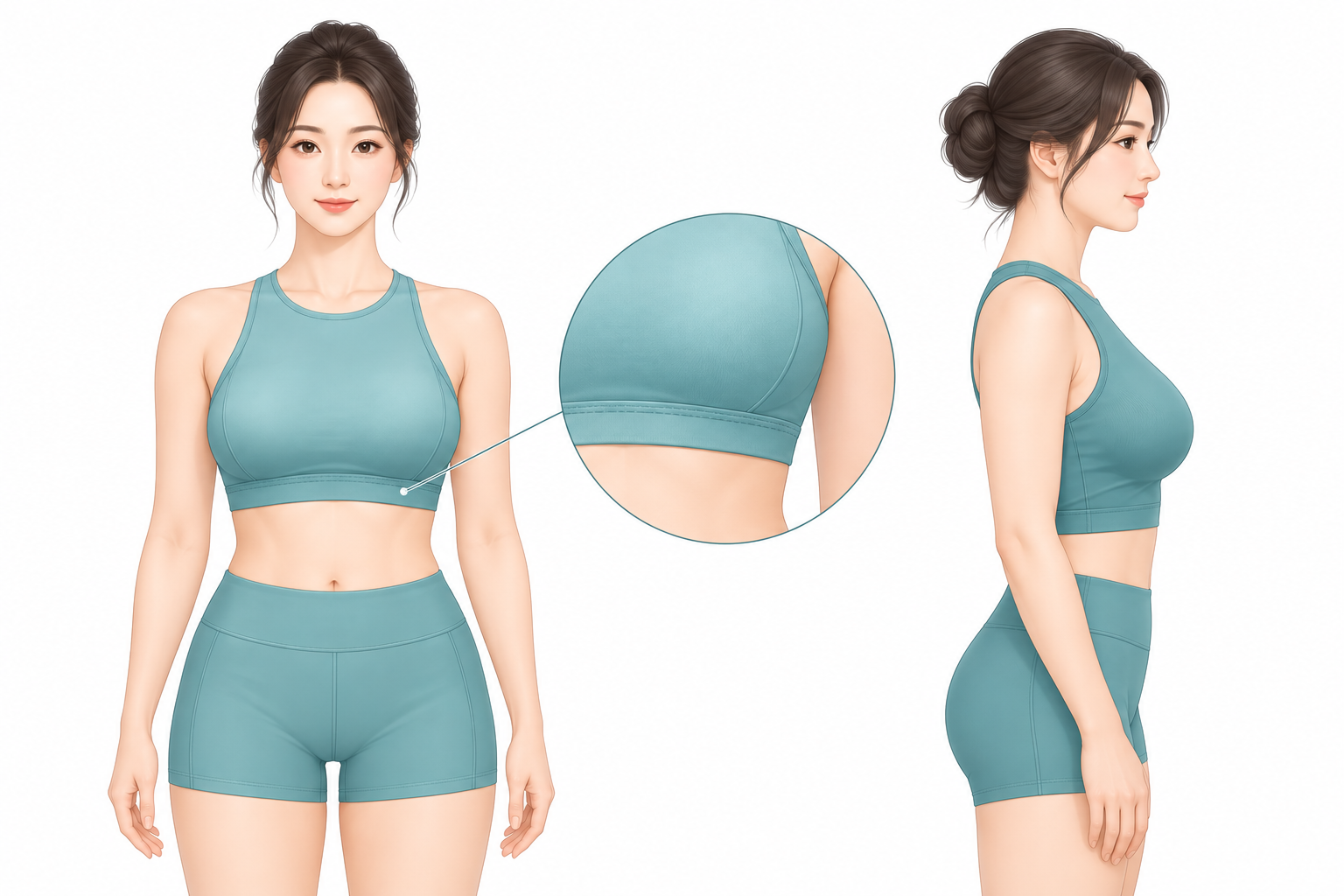 유방 지방흡입 대상 부위를 표층까지 표시한 벡터 일러스트, 정면과 측면