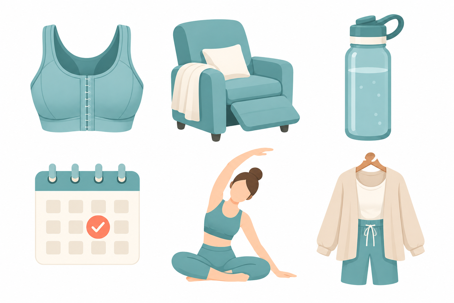 압박복, 안락의자, 물병, 정기검진 캘린더, 스트레칭, 편안한 옷 등 유방 지방흡입 후 관리 루틴 아이콘 세트