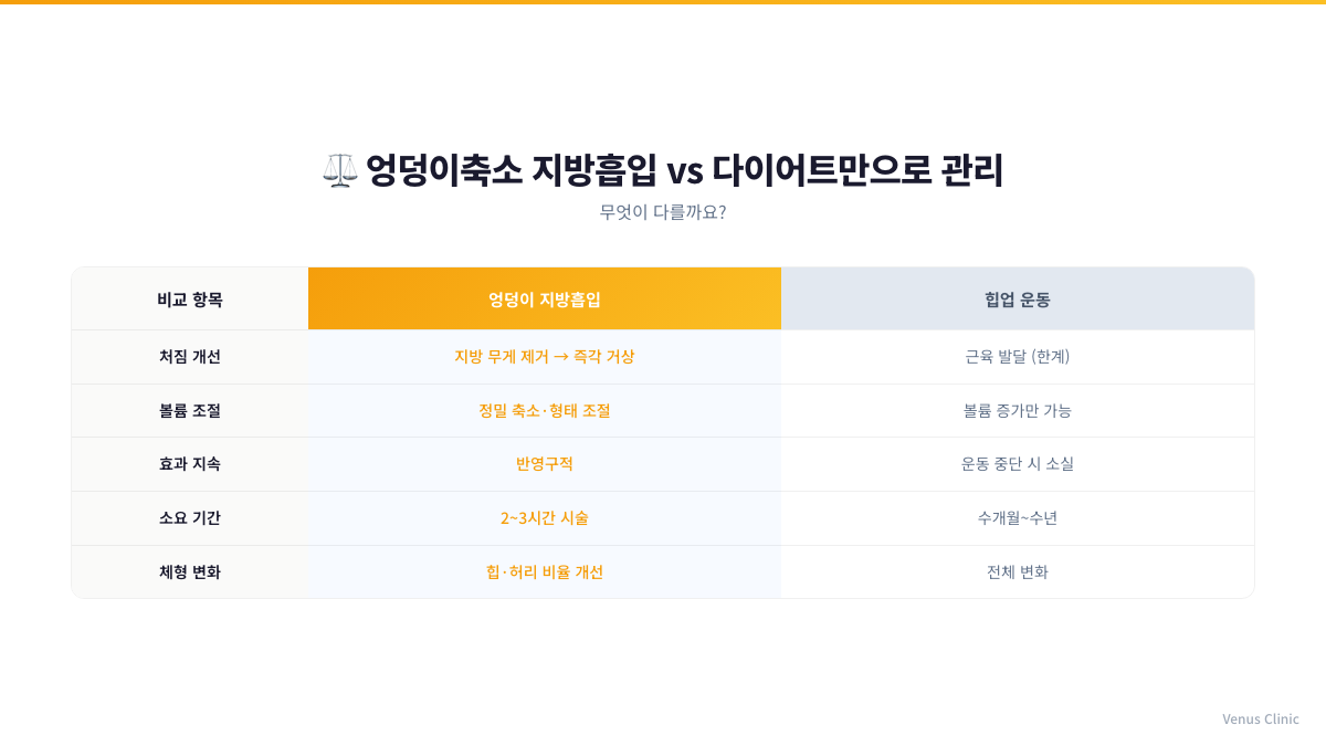 엉덩이축소 지방흡입과 힙업 운동의 차이를 비교한 인포그래픽