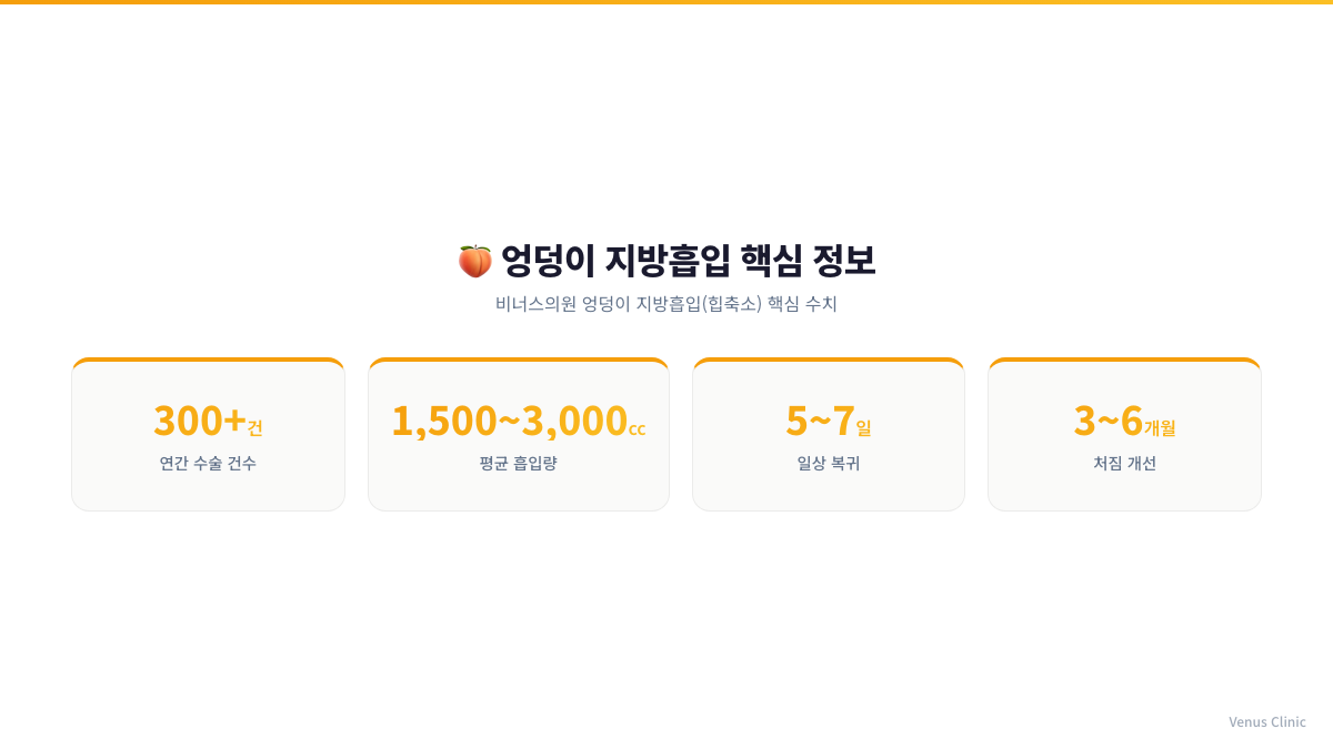 비너스의원 엉덩이 지방흡입 연간 수술 건수, 평균 흡입량, 일상 복귀 기간 핵심 정보 인포그래픽