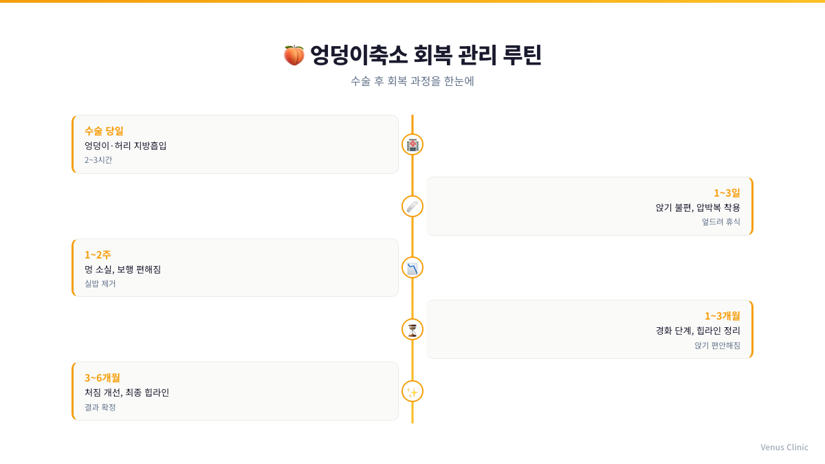 엉덩이축소 지방흡입 회복 타임라인 — 수술 당일, 1~3일, 1~2주, 1~3개월, 3~6개월 단계별 변화 인포그래픽