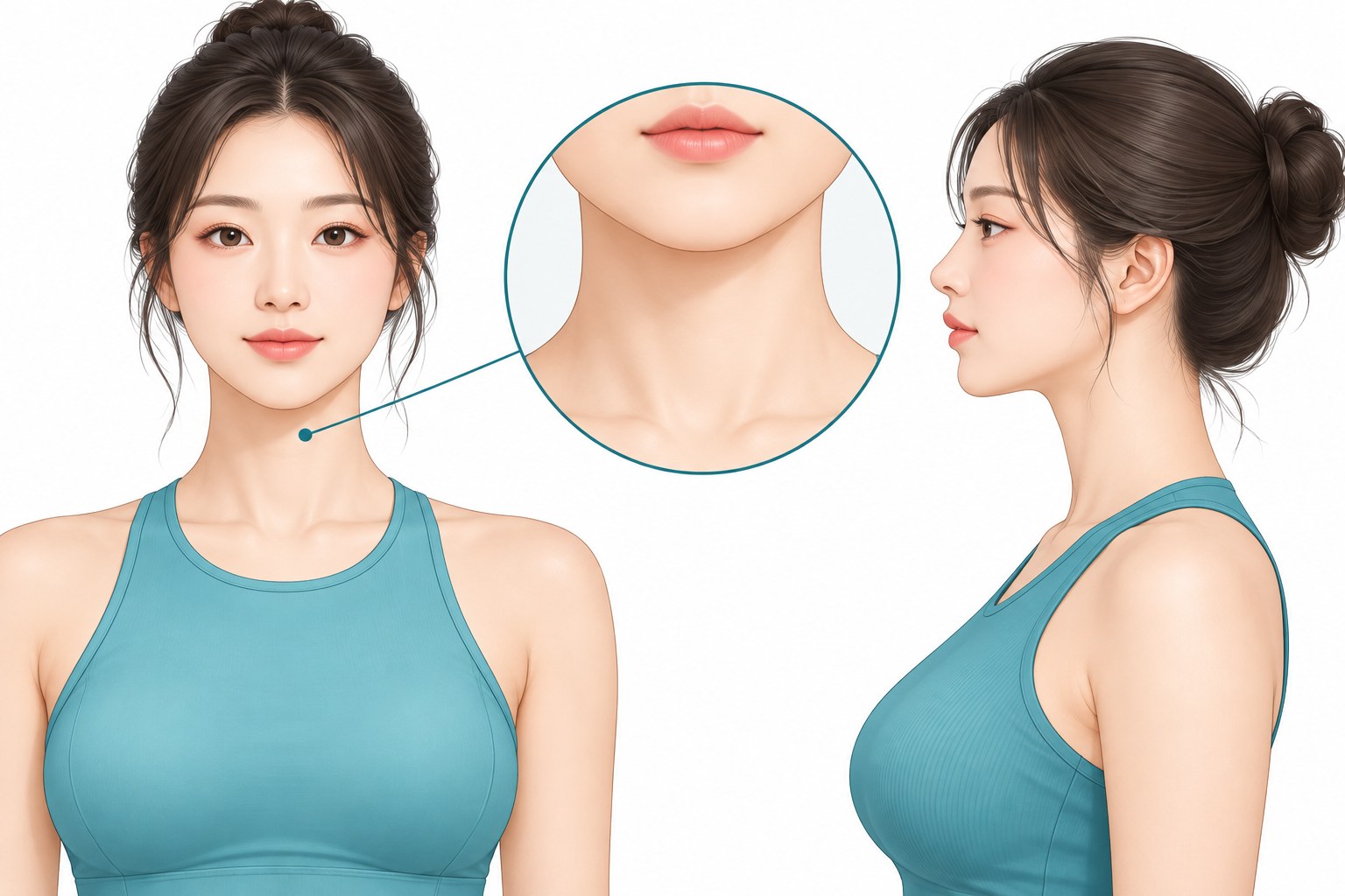 정면과 측면에서 턱 아래와 목 앞쪽 부위를 확대해 표시한 벡터 일러스트