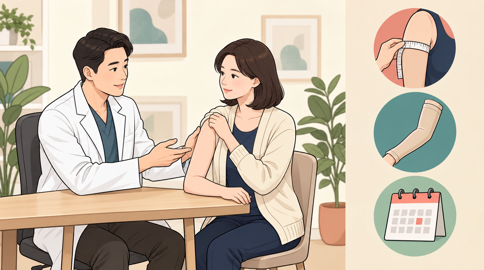 상담실에서 의사가 여성 환자의 팔 상태를 확인하며 설명하는 모습, 줄자와 압박소매 압박복 아이콘