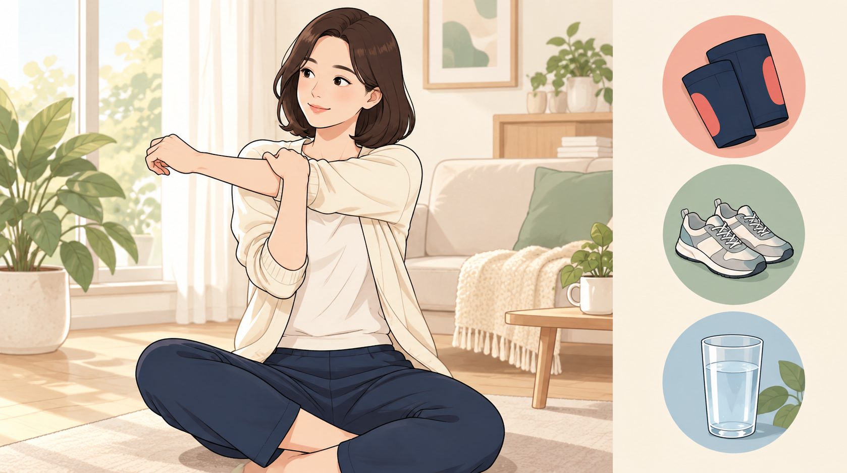 집에서 편안하게 팔을 가볍게 스트레칭하며 휴식하는 여성의 모습, 압박소매와 물잔 아이콘