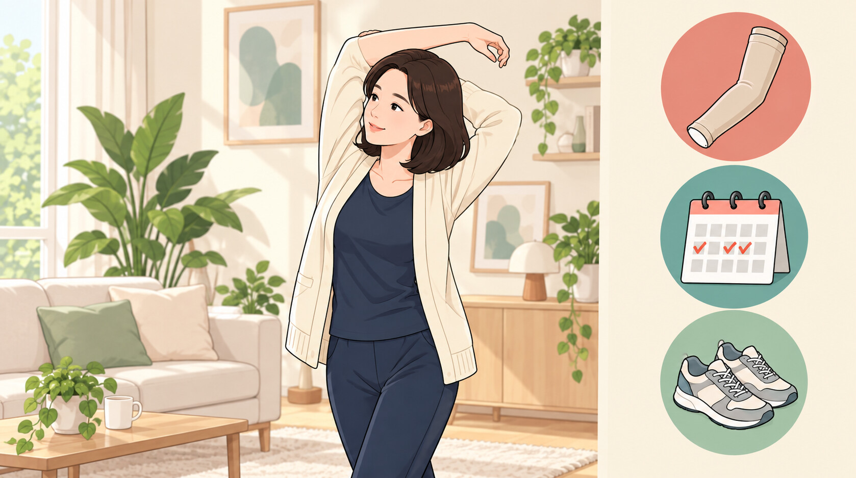 회복 후 가볍게 팔을 스트레칭하며 일상으로 돌아간 여성 일러스트