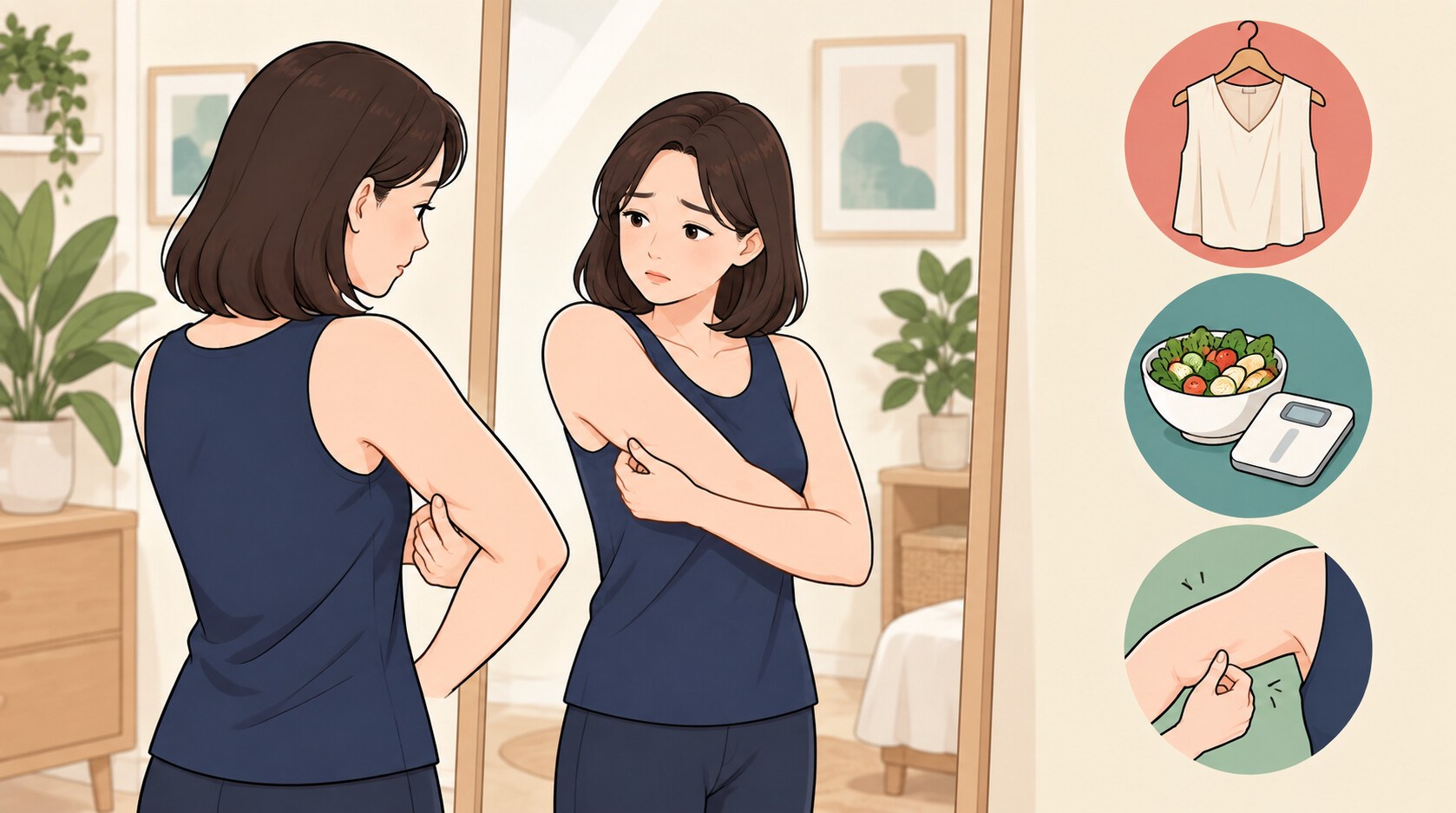 거울 앞에서 팔 안쪽 살을 잡아보며 고민하는 여성 일러스트