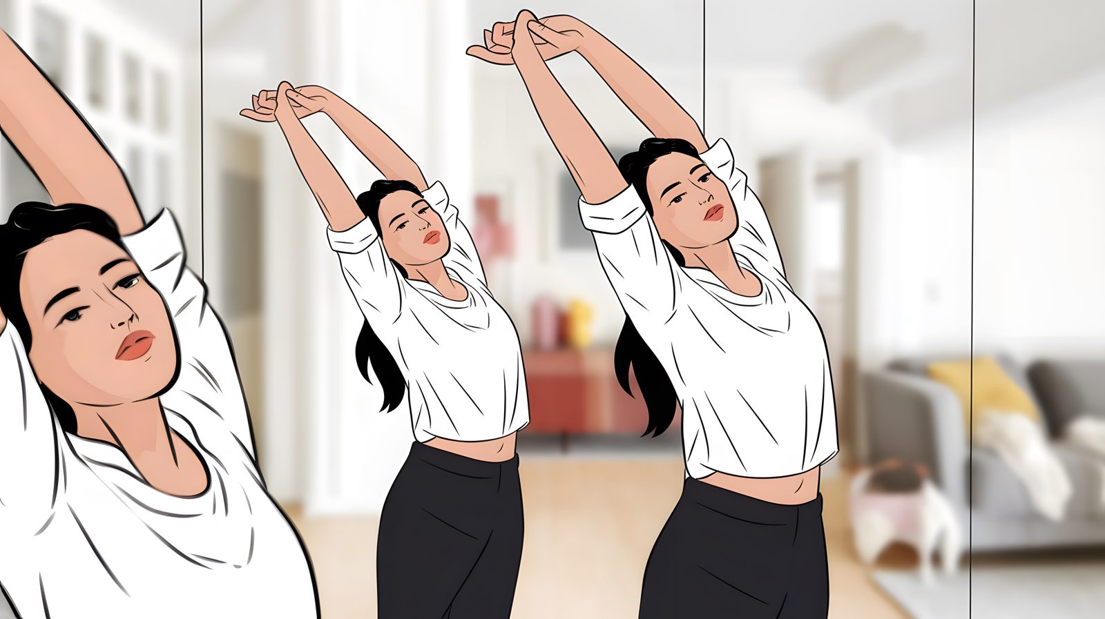 엉덩이축소 지방흡입 회복 후 스트레칭하는 여성 일러스트